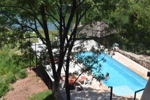 a swimming pool with a tree and people in it at Terrazas Del Lago in Coronel Moldes