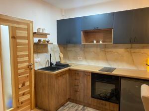 a kitchen with wooden counters and blue cabinets at Planinska kuća Srna in Bajina Bašta