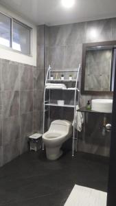 a bathroom with a toilet and a sink and a mirror at Casa el Recuerdo in Villavicencio