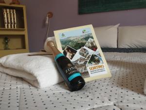 a bottle of wine sitting on a bed with a magazine at Ferula loft in Sortino