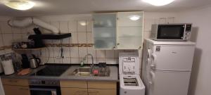 a small kitchen with a sink and a refrigerator at Studio Ferienwohnung Untergeschoss in Ostrach