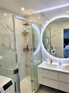 un bagno con doccia, lavandino e specchio di Magnifique appartement 10 min de Paris - Parking privée Gratuit a Chevilly-Larue