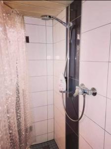 a shower with a blow dryer in a bathroom at Single room for you in Hünxe