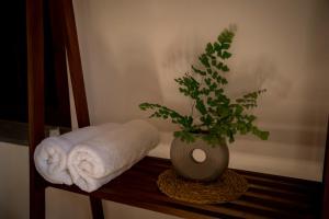 a plant in a vase on a table with a towel at Woradi Solitude Bungalow in Talpe +92 photos