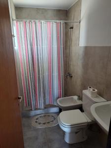 a bathroom with a shower and a toilet and a sink at Alquiler Temporario ZOE 1 Gral Roca - Rio Negro in General Roca