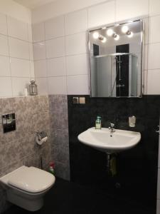 łazienka z umywalką, toaletą i lustrem w obiekcie Pokoje Gościnne u Joli w Szczyrku