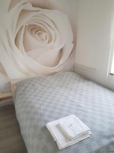 ein Schlafzimmer mit einem Bett mit einem Gemälde darauf in der Unterkunft Ruhiges & gemütliches Apartment im Herzen von Hüde 300 m entfernt vom Dümmer See in Hüde