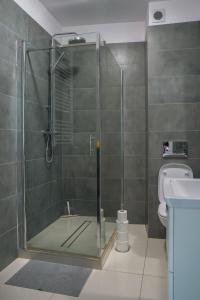 a bathroom with a shower and a toilet at Nowoczesne studio Check in 24h in Wrocław