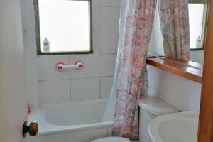 y baño con cortina de ducha y aseo. en Home Loft Pichilemu, en Pichilemu