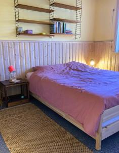 ein Schlafzimmer mit einem Bett und einem Tisch mit einer Lampe in der Unterkunft Fristad Nature House in Torsby