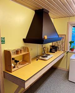eine Küche mit einer Arbeitsplatte mit schwarzer Haube in der Unterkunft Fristad Nature House in Torsby
