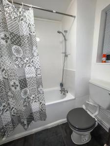 a bathroom with a toilet and a shower curtain at Sleek Cosy Flat Camden in London