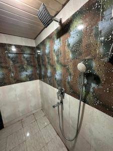 a shower with a glass door in a bathroom at Janhavi Villa in Dapoli