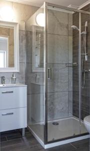 a bathroom with a shower with a glass door at Bornholm Apartments in Svaneke