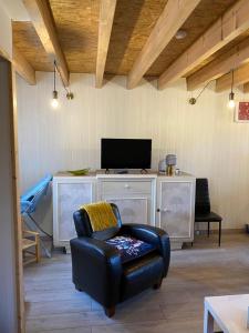 a living room with a chair and a television at Gîte mitoyen gorges de la Monne - Olloix in Olloix
