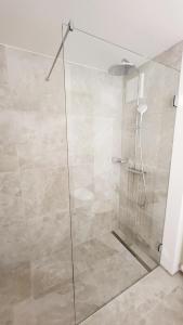 a shower with a glass door in a bathroom at Chesa-strimer - Terrassa in La Punt-Chamues-ch