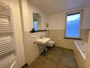 baño con lavabo y aseo y ventana en Harzhaus Drei Hexen, en Tanne