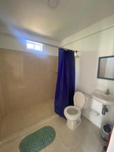 baño con aseo y cortina de ducha azul en Casa Nativa DUDA´S en Franshua