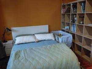 a bedroom with a bed and a book shelf at Gästewohnung Schwanenteich in Ueckermünde