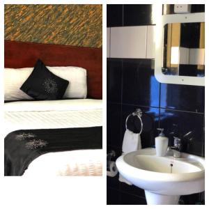 due immagini di un bagno con un letto e un lavandino di Sarf travelers motel a Kasese