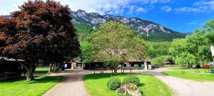 un parc avec des arbres et des montagnes en arrière-plan dans l'établissement The Cottage, à Reichenau