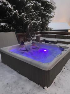 Villa Sappee في Sappee: شخصان في حوض استحمام ساخن في الثلج