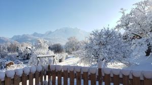 a fence covered in snow with mountains in the background at Le Mazot de Janton in Combloux