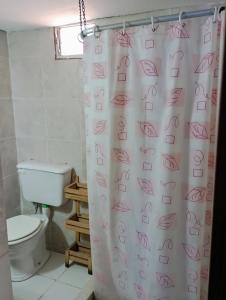 a bathroom with a toilet and a shower curtain at Casa tipo cabaña El Faro (con seña) in Mar del Plata