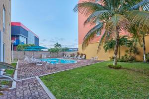 un complejo con una piscina y una palmera en City Express by Marriott Cancun, en Cancún