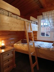 a bedroom with two bunk beds and a window at 299 Willow Lodge in Trawsfynydd
