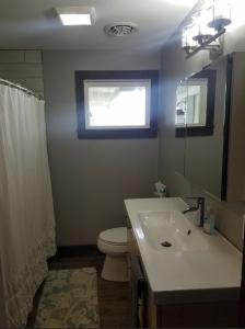 a bathroom with a sink and a toilet and a window at Whitney Bay House on CHQ Lake in Mayville