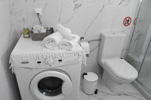 a bathroom with a washing machine and a toilet at Ellis house in Agrinio