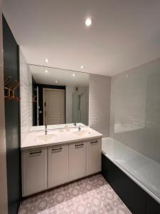 a bathroom with a sink and a large mirror at Appartement T3 Cosy Tête d'Or in Villeurbanne