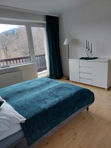 ein Schlafzimmer mit einem Bett und einem großen Fenster in der Unterkunft Willa KaMa in Szklarska Poręba