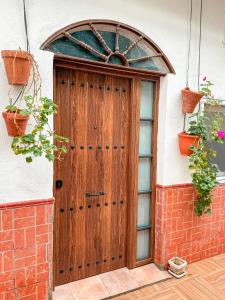 a wooden door on a building with potted plants at Casa Cruz in Almodóvar del Río