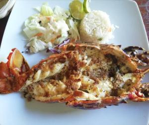 a white plate of food with shrimp and a salad at Grand Titanic, Boat House in Punta Allen