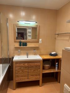 a bathroom with a sink and a mirror at Downtown Apartment Bianca in Bratislava