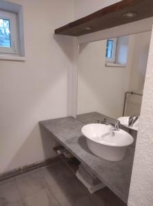 uma casa de banho com um lavatório branco num balcão em Penzion Smrekovica em Ruzomberok