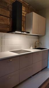 uma cozinha com armários brancos e um lavatório em Entisajan Helmi em Tampere