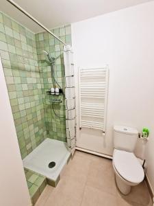 ein Bad mit einem WC und einer Dusche in der Unterkunft CHARMING APARTMENT WITH PANORAMIC SEINE RIVER & EIFFEL TOWER VIEWs in Ivry-sur-Seine