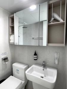 a bathroom with a white sink and a toilet at Eunhasu D&M Residence Haetsal 4 in Daejeon