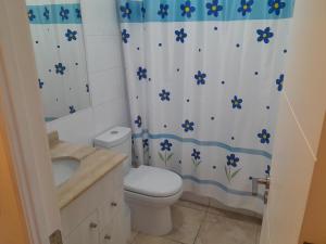 a bathroom with a toilet and a shower curtain at Hermosa Vista al Mar in Coquimbo