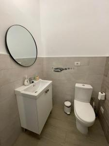 ein Badezimmer mit einem WC, einem Waschbecken und einem Spiegel in der Unterkunft A Sunlit Haven, Home in Canarias in Las Palmas de Gran Canaria