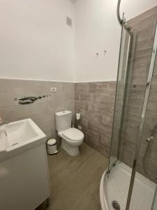 ein Bad mit einem WC, einem Waschbecken und einer Dusche in der Unterkunft A Sunlit Haven, Home in Canarias in Las Palmas de Gran Canaria