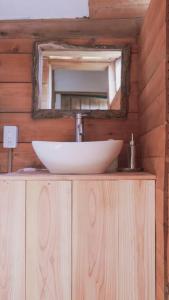 ein Waschbecken im Bad mit einem Spiegel auf einem Holzschrank in der Unterkunft "八ヶ岳山麓の小さな家" in Hara