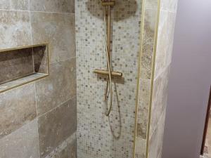 une douche avec une porte vitrée dans une salle de bain dans l'établissement Gîte familial au cœur du parc de La Brenne avec étang privé, cheminée, Wi-Fi et animaux acceptés - FR-1-591-377, à Rosnay