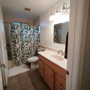 a bathroom with a sink and a shower curtain at Spacious Pleasanton Home, 4br-2ba, Kitchen, WiFi, Laundry, Parking and More in Pleasanton