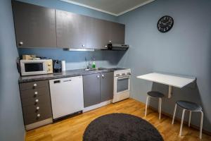 a small kitchen with a sink and a microwave at The Green House of Stavanger BnB 14 -Central, Sauna and Airport Shuttle in Stavanger