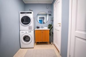 uma casa de banho com uma máquina de lavar roupa e um lavatório em The Green House of Stavanger BnB 14 -Central, Sauna and Airport Shuttle em Stavanger