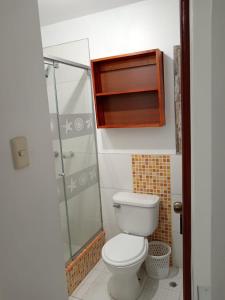 La salle de bains est pourvue de toilettes et d'une douche en verre. dans l'établissement EDIFICIO MARIA KIAN, à San Bartolo